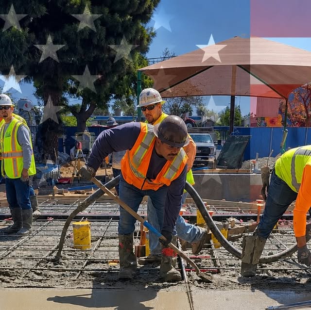 Crew placing concrete from a pump line and screeding the slab.